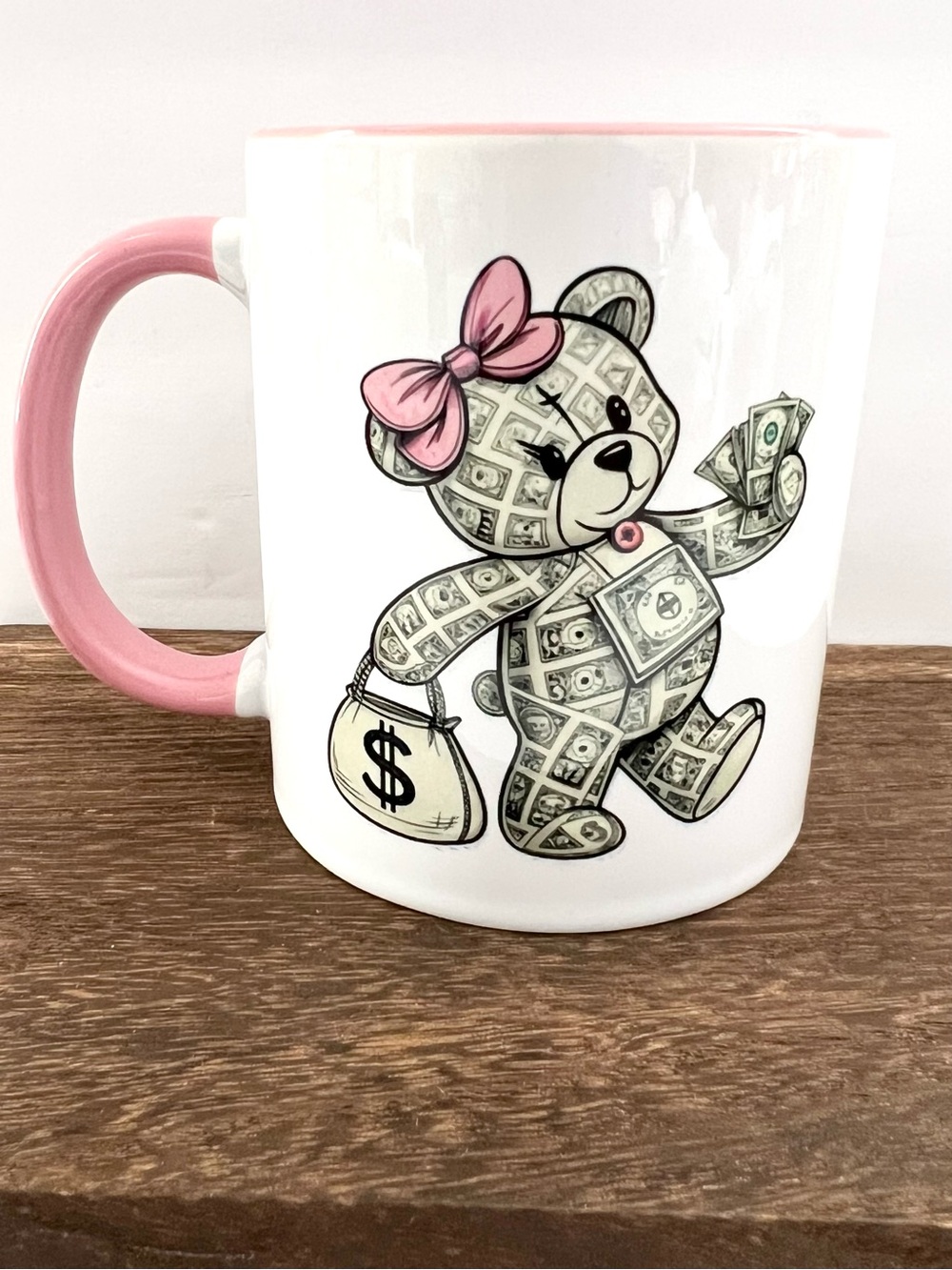 Money Teddy Bear 11 oz Pink Mug Cash Bow Coffee Cup